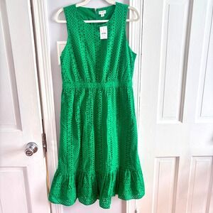 J. Crew Sz 10 Eyelet Embroidered Lined Midi Tiered Kelly Green Dress Cottage NEW